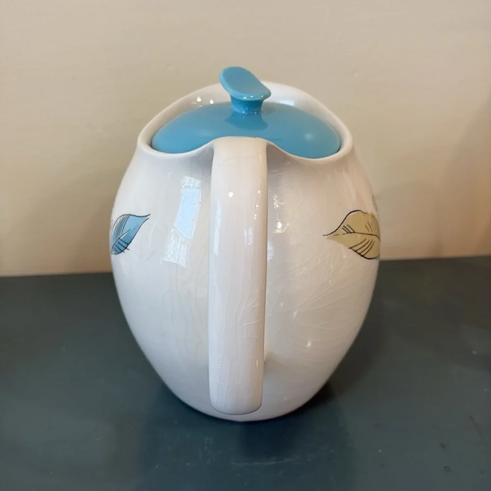 Vintage Salem China White Ceramic Teapot with Turquoise Lid and Leaf Motif